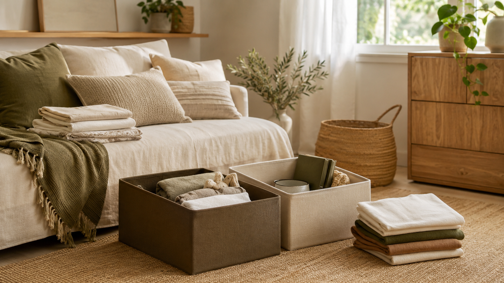 Organização de um pequeno espaço da casa com caixas e itens separados