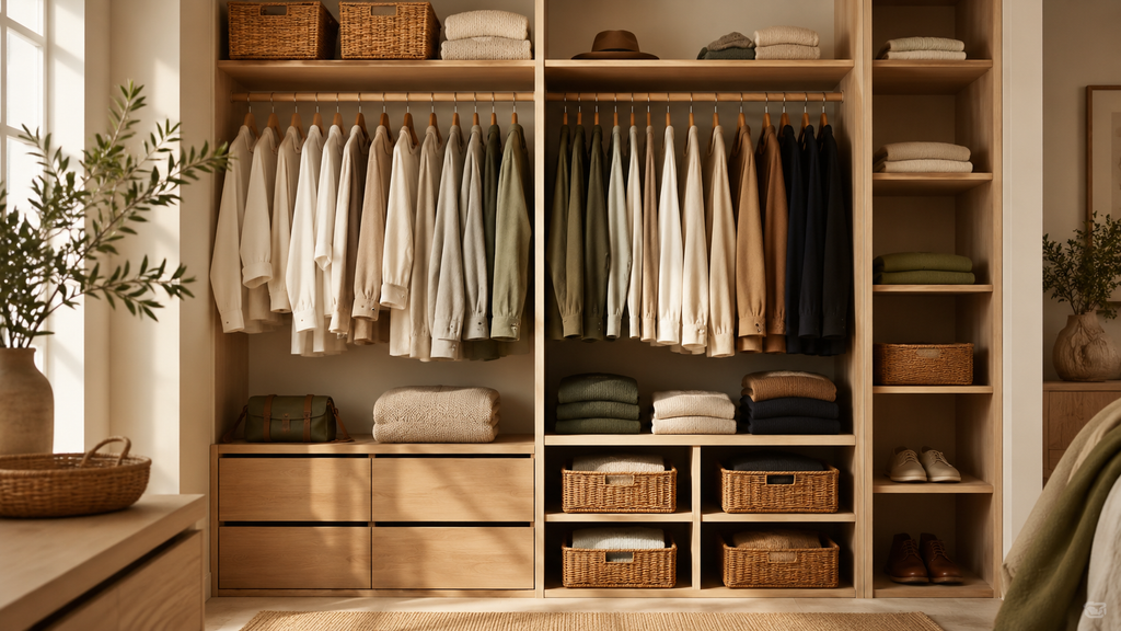 Roupas e objetos semelhantes agrupados em armário organizado por categorias