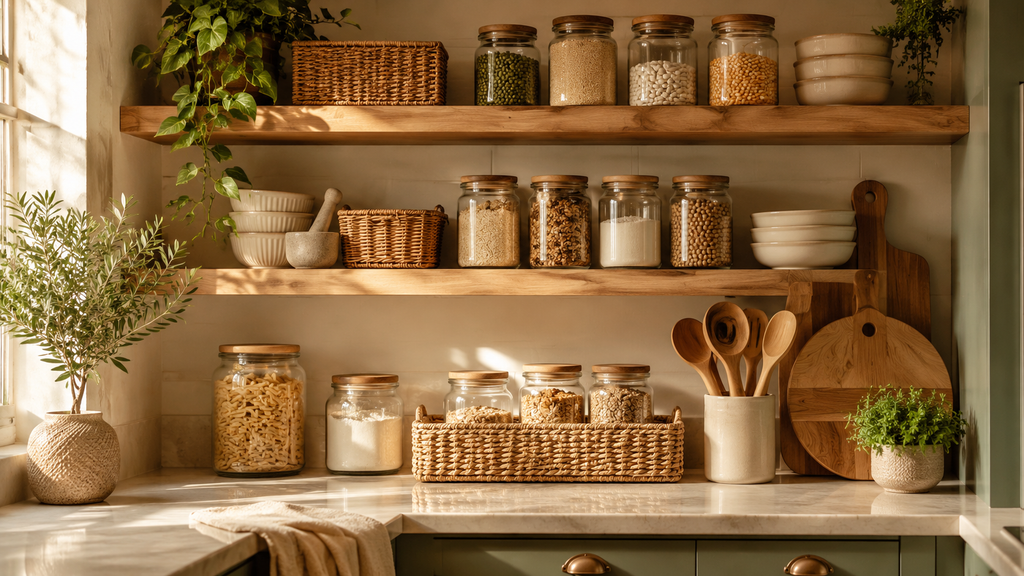 Despensa organizada com alimentos e utensílios posicionados de forma prática
