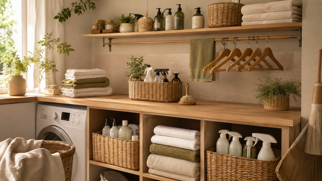 Lavanderia organizada com cestos e produtos separados por função