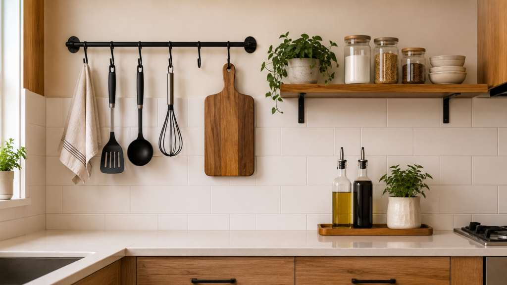 Parede de cozinha com barra discreta para utensílios e pequena prateleira organizada
