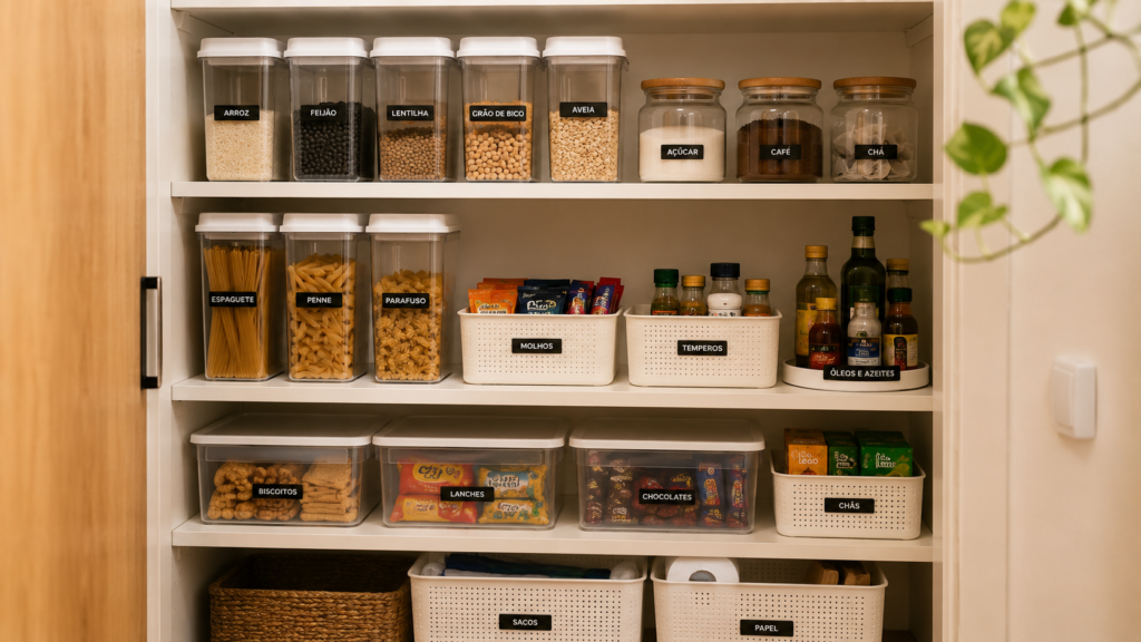 Despensa com alimentos agrupados por categorias em potes e cestos organizadores