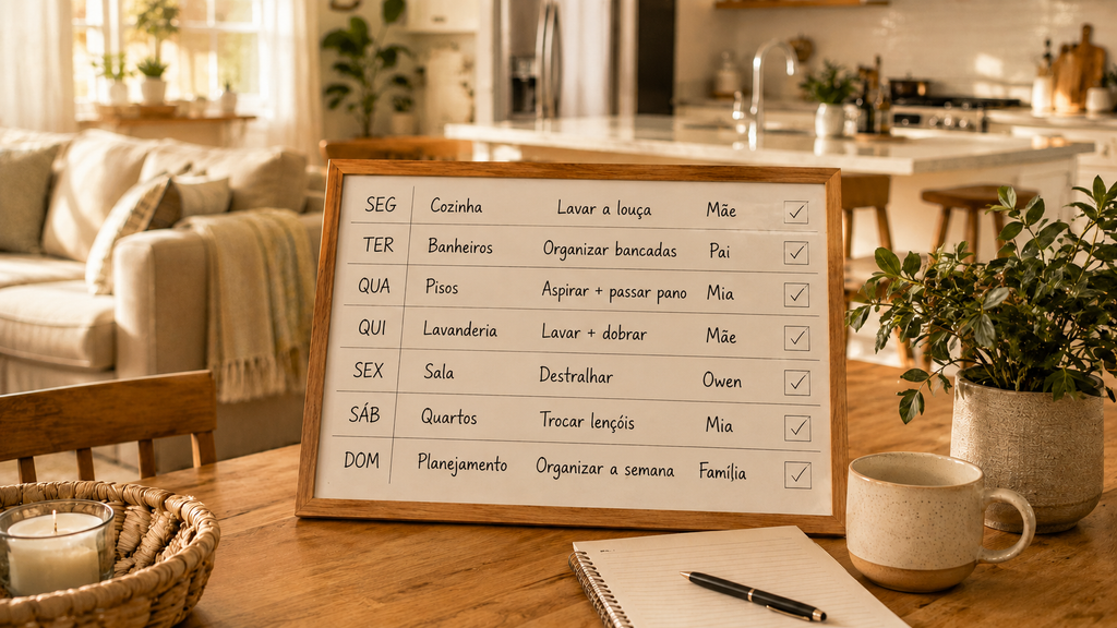 Quadro semanal mostrando tarefas domésticas distribuídas de segunda a domingo como exemplo de planejamento.