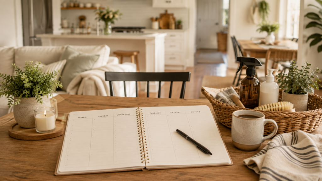Agenda semanal com materiais de limpeza para distribuir as tarefas da casa durante a semana