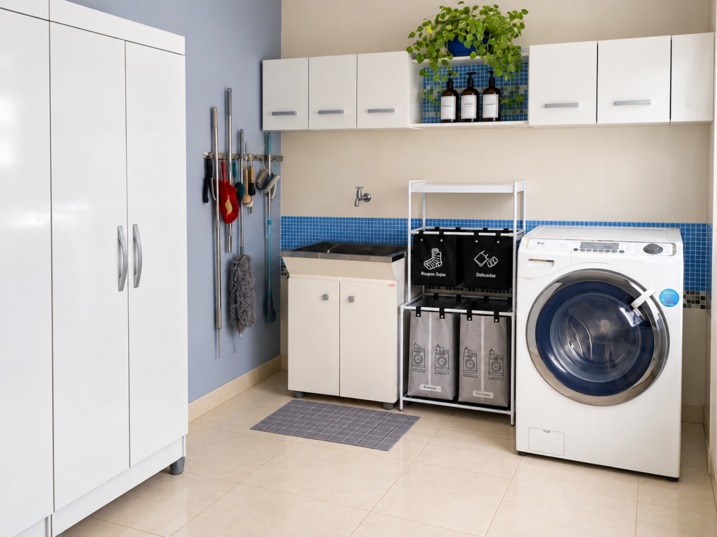 Lavanderia organizada para rotina semanal de limpeza da casa