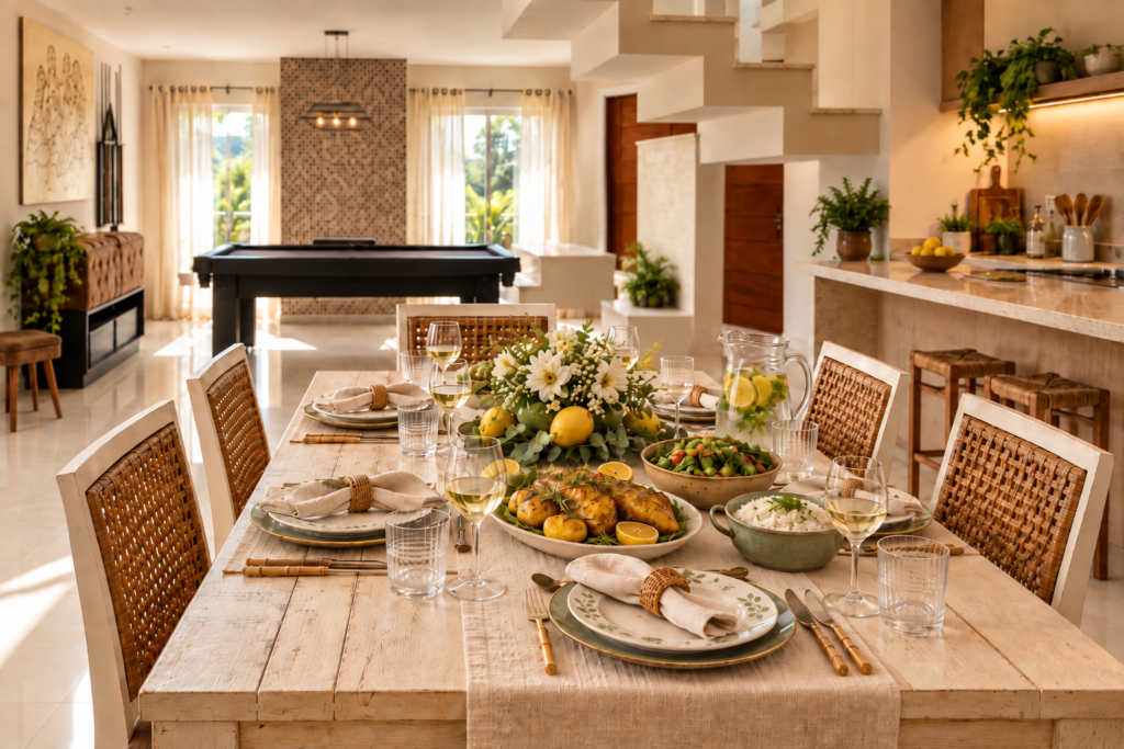 Mesa posta para almoço especial em casa com pratos, taças e flores