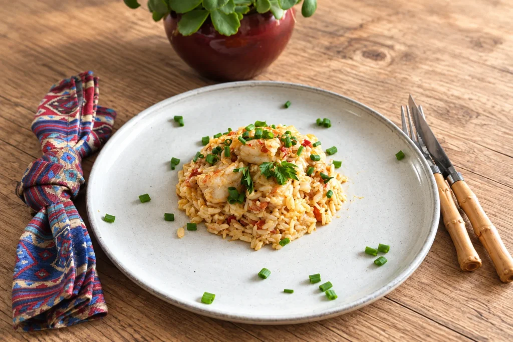 Arroz cremoso de camarão servido como prato principal em jantar para convidados