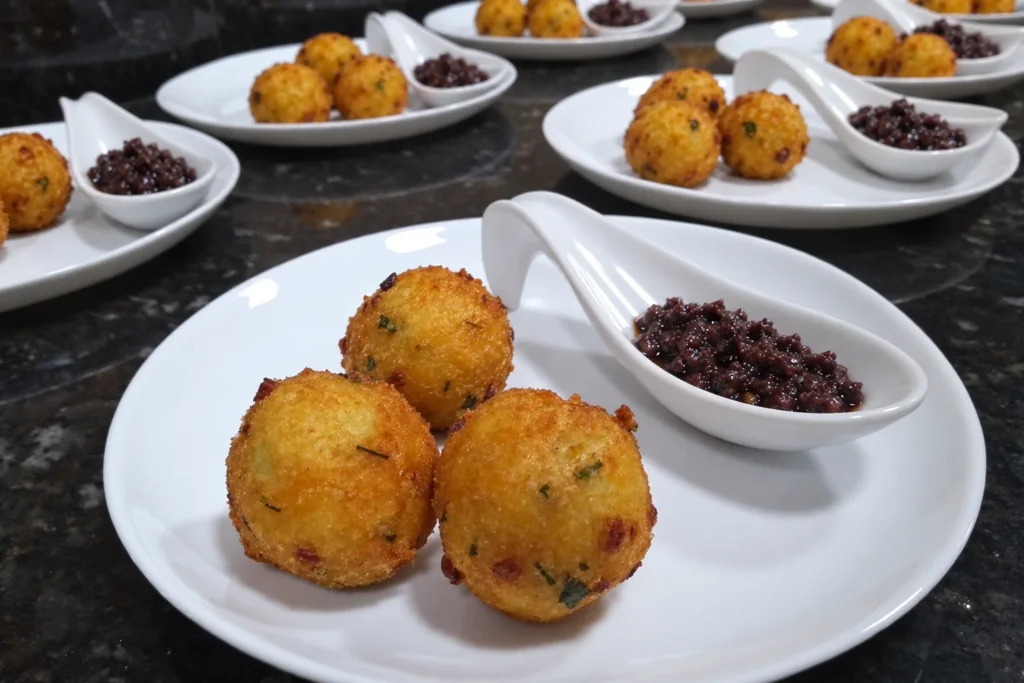 Bolinhos de bacalhau servidos com azeite de azeitonas pretas em jantar português em casa