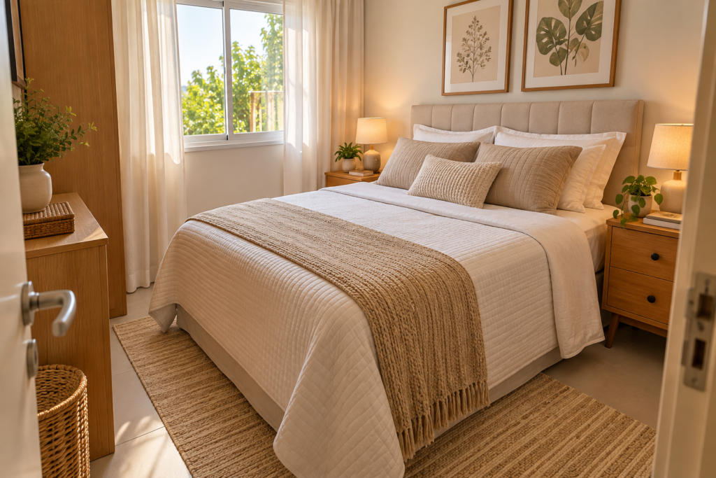 Quarto pequeno organizado com circulação livre ao redor da cama