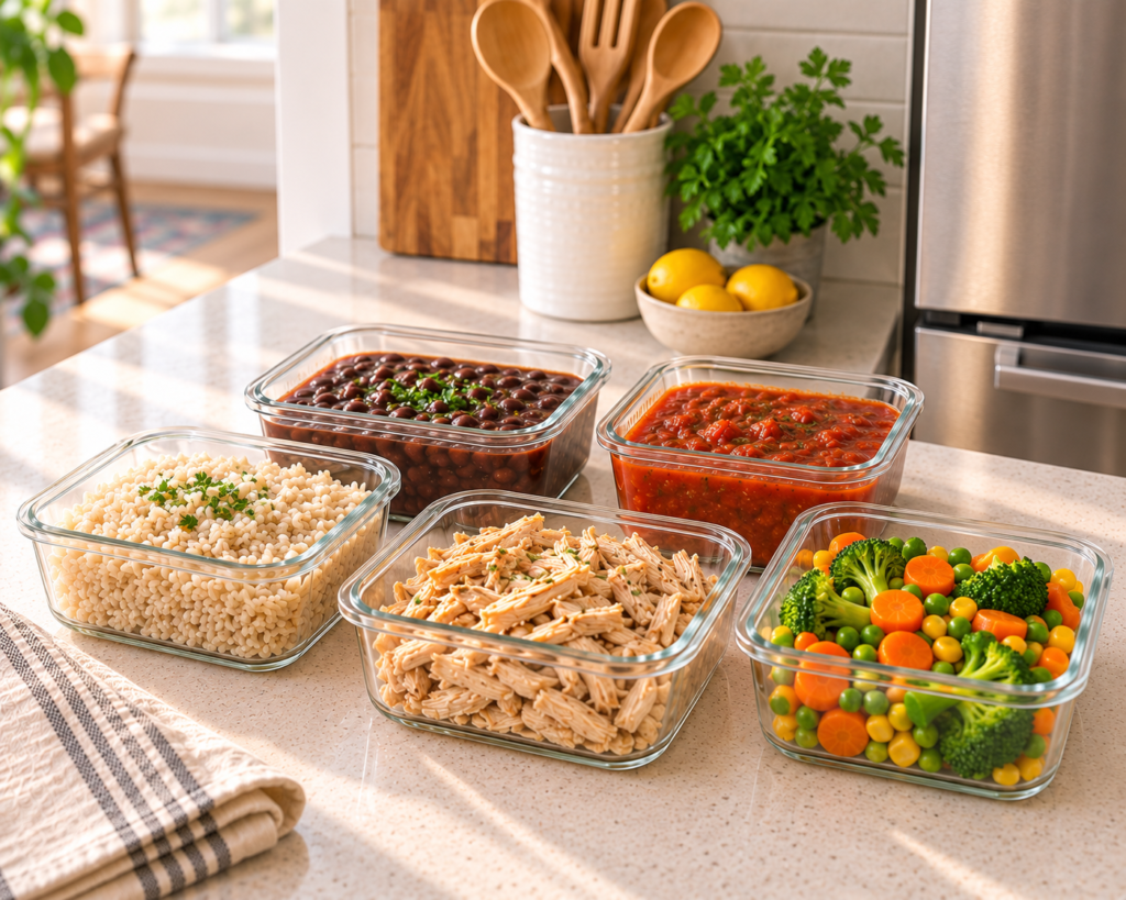 Arroz, feijão, frango, molho e legumes preparados para congelamento