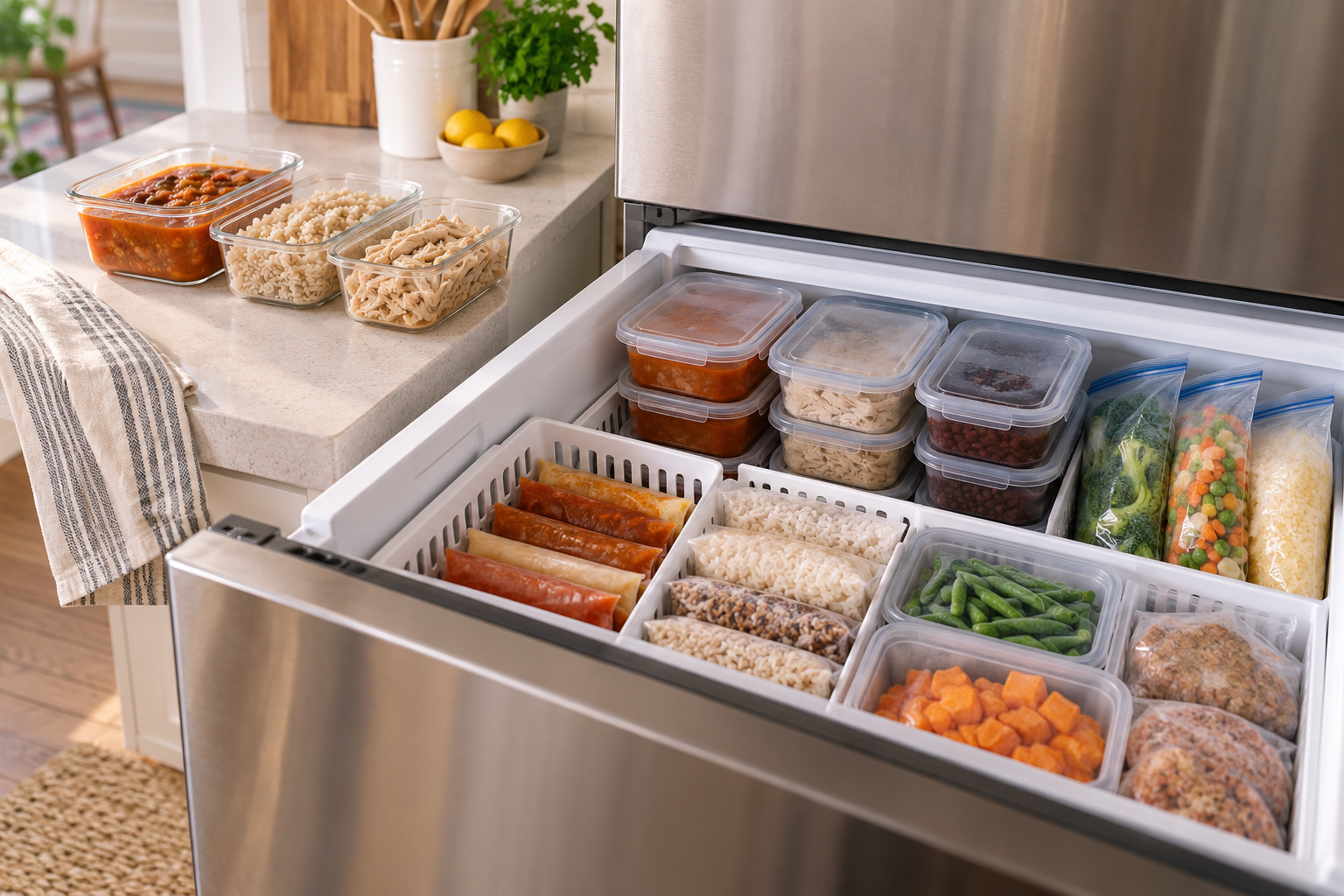 Como congelar comida pronta em freezer organizado com porções separadas