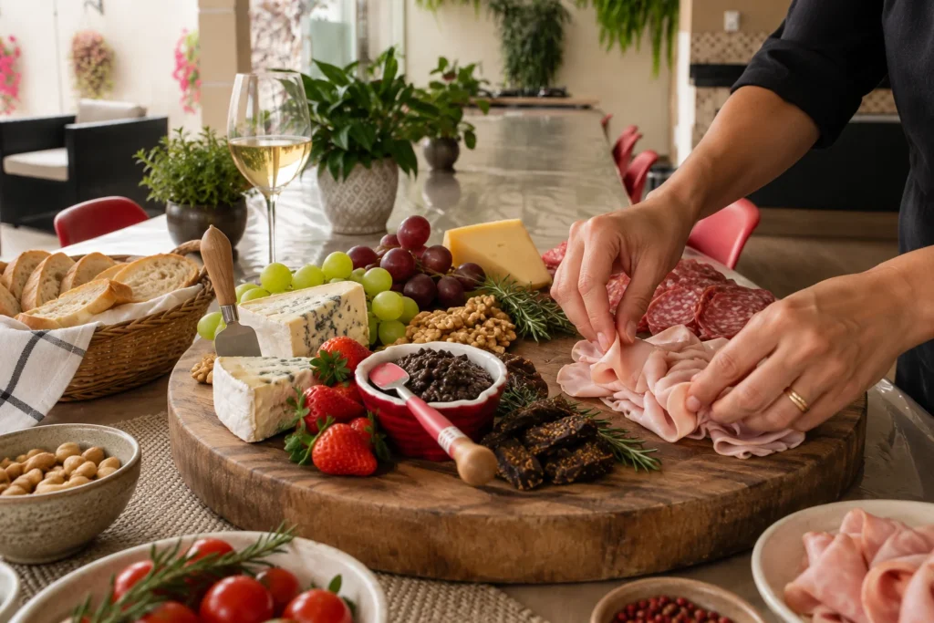 Montagem de tábua de frios com queijos, embutidos, frutas e acompanhamentos