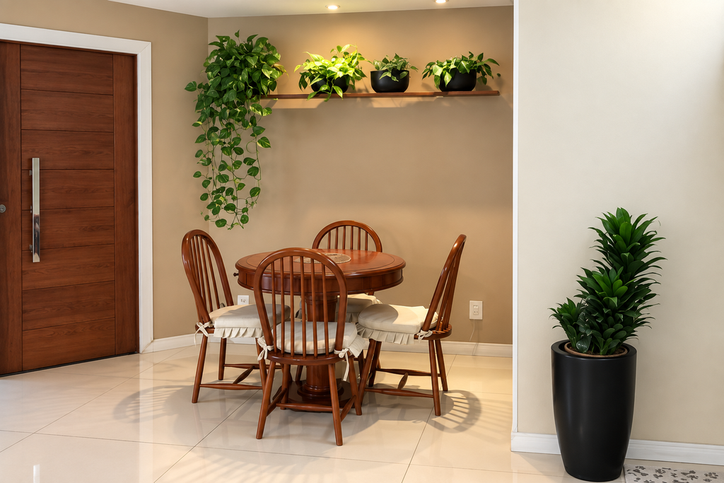Composição de plantas em prateleira alta na parede