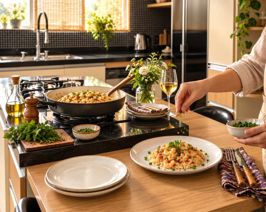 Ingredientes e preparo de comida em uma cozinha clara e acolhedora