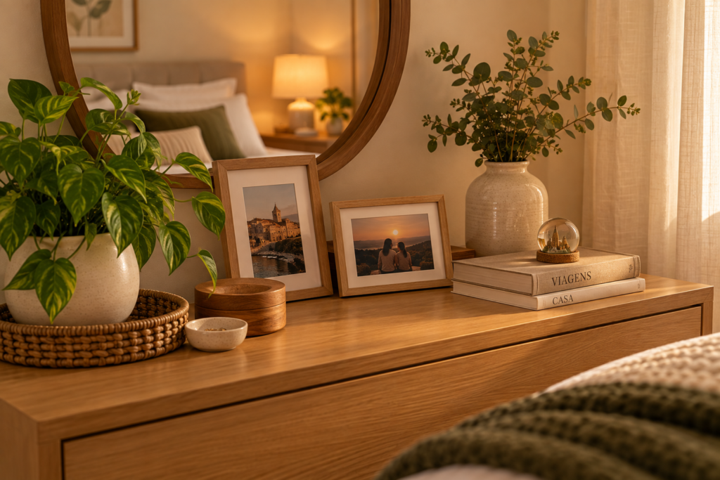 Decoração afetiva com fotografias e objetos pessoais em quarto aconchegante