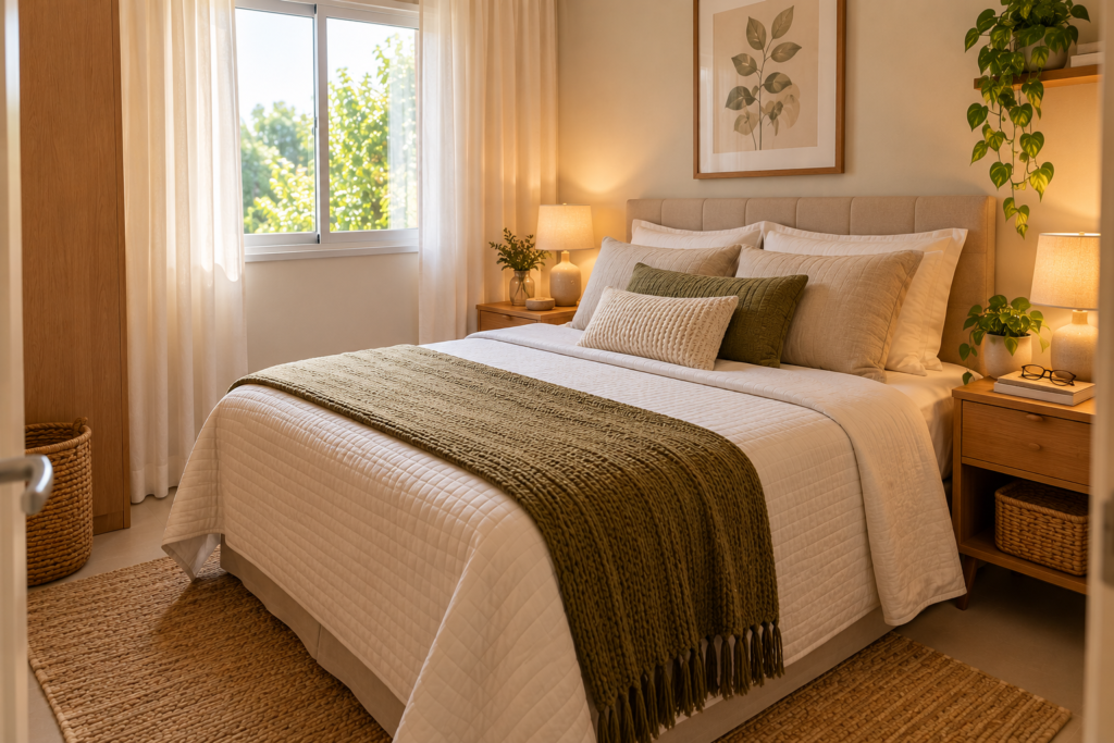 Decoração de quarto pequeno aconchegante com tons neutros e madeira