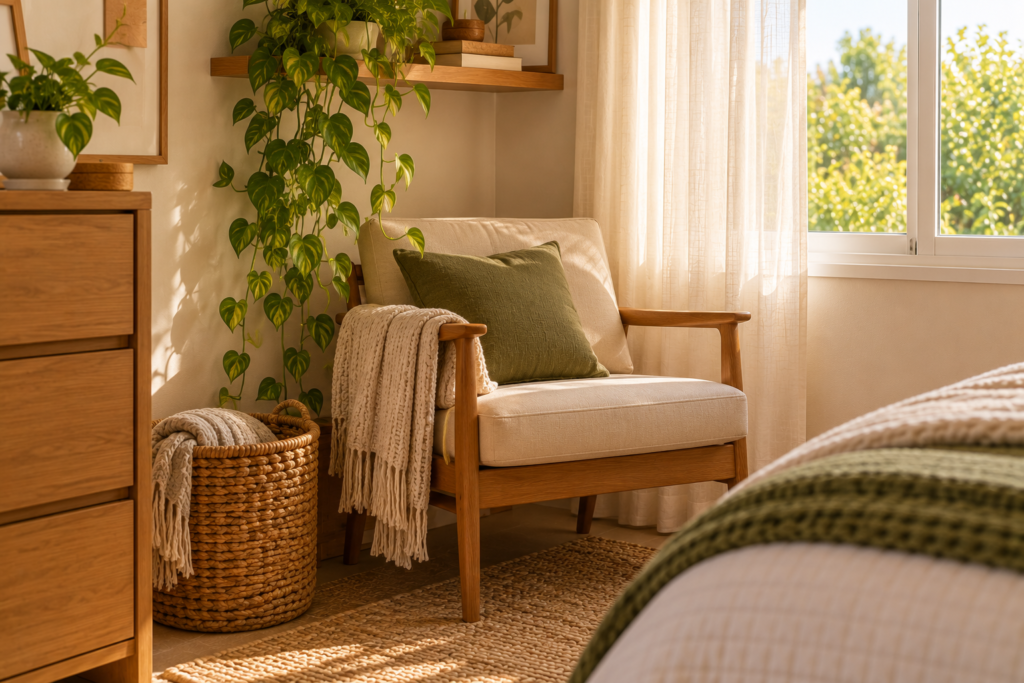Quarto aconchegante com plantas madeira e fibras naturais