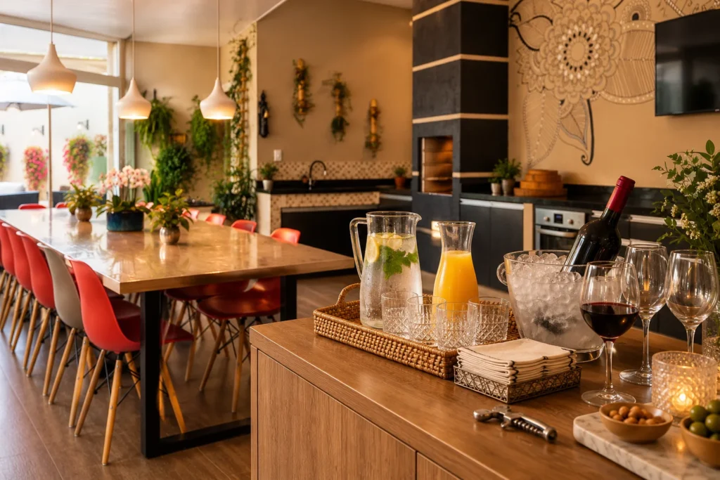 Estação de bebidas com água, suco, vinho, gelo e taças para calcular bebidas por pessoa