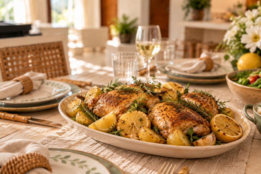 Frango assado com batatas e ervas servido em almoço especial em casa