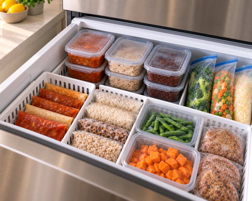 Freezer organizado por categorias com refeições prontas em potes e embalagens