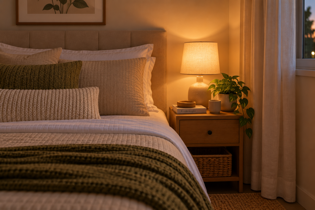 Iluminação quente ao lado da cama em quarto aconchegante