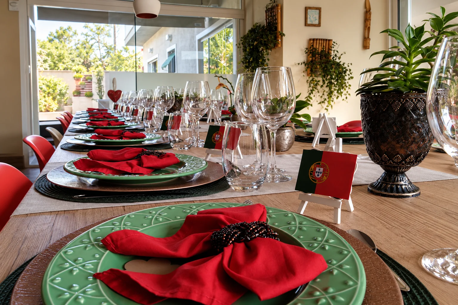 Mesa posta para jantar português em casa com detalhes em verde e vermelho