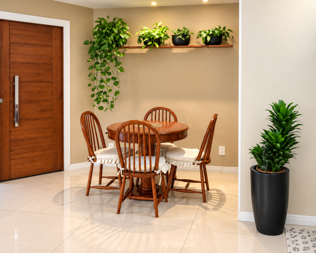 Plantas e vasos integrados a um ambiente claro e acolhedor da casa