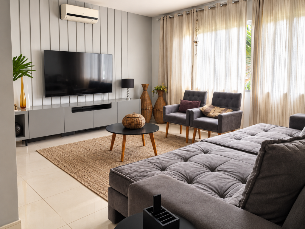 Sala com tapete cortinas e estofados para limpeza sazonal