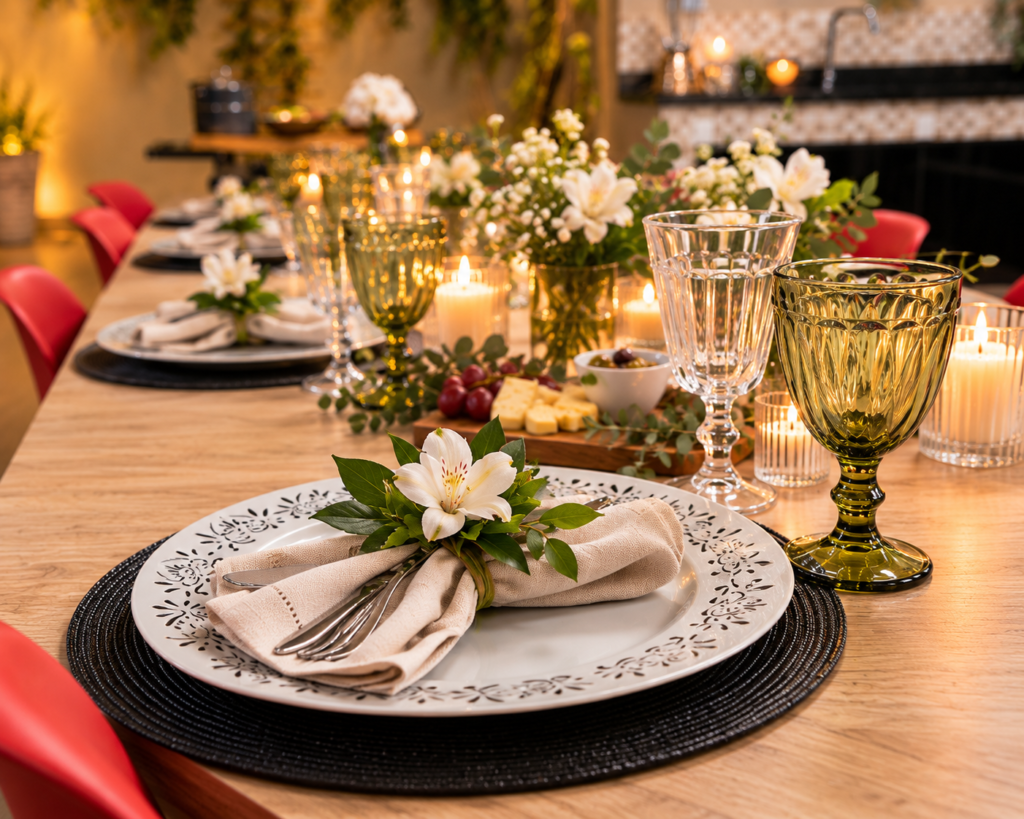 Lugar à mesa posta simples para jantar com prato, talheres, taças e guardanapo