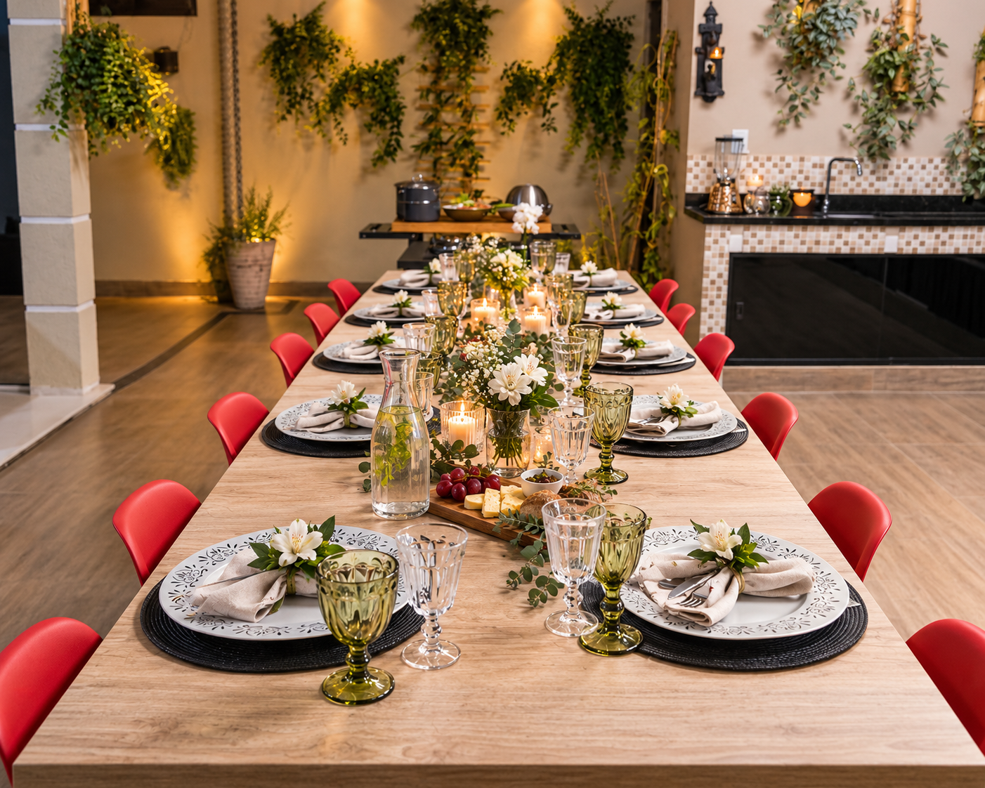 Mesa posta simples para jantar com pratos, taças, guardanapos, flores e velas