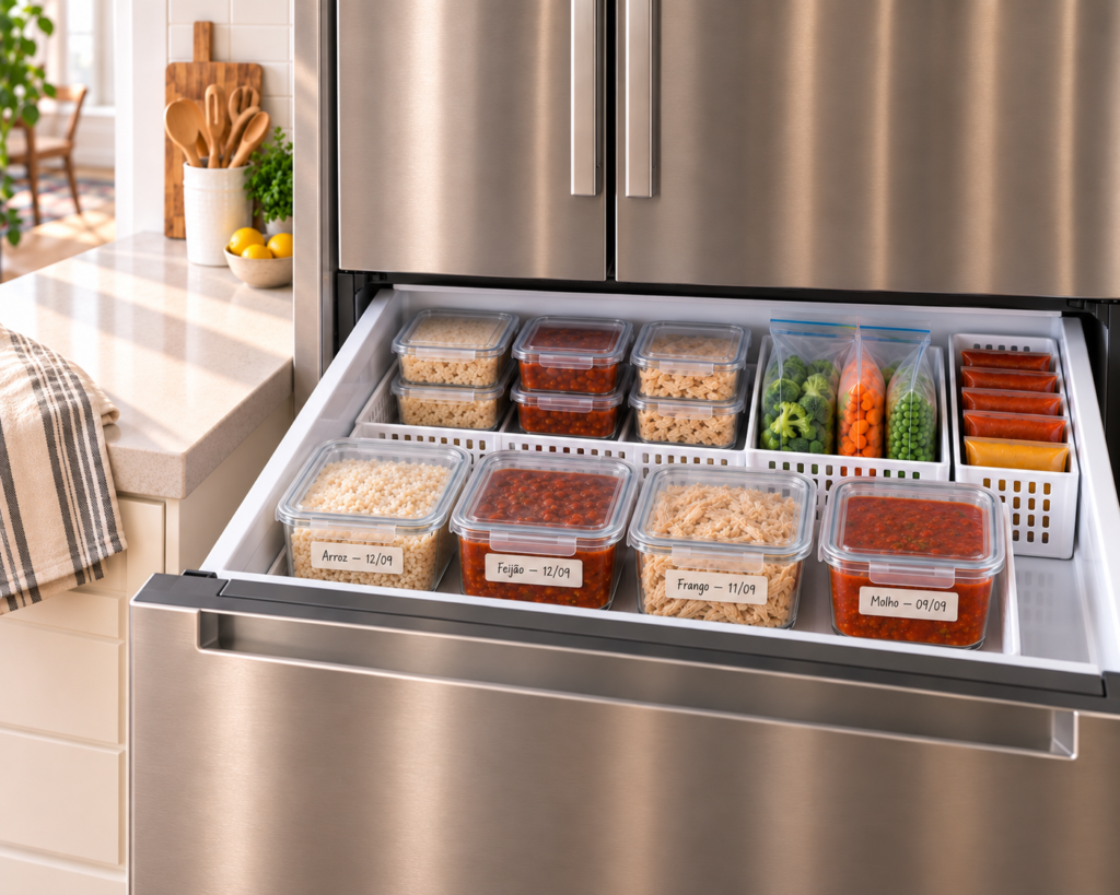 Freezer organizado com porções de comida pronta identificadas para usar primeiro