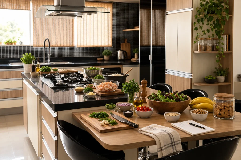 Ingredientes organizados para preparar jantar para 10 pessoas