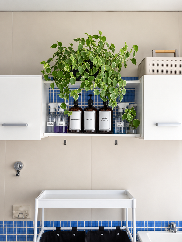 Planta decorando lavanderia sobre armário de serviço