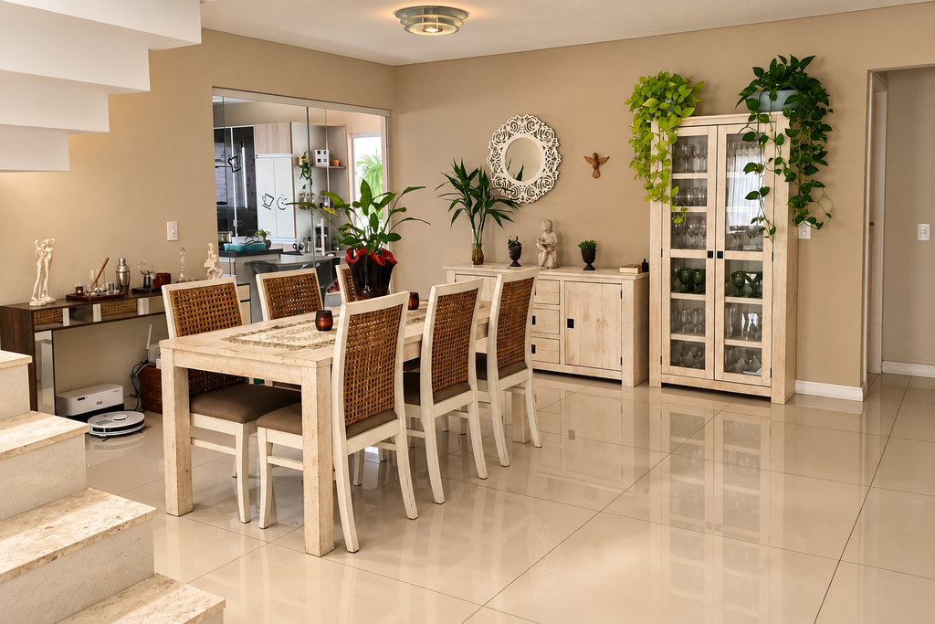 Plantas em prateleira e vaso de chão na sala de jantar