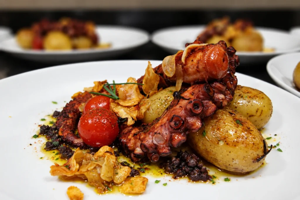 Polvo à lagareiro com batatas e tomates servido em jantar português em casa