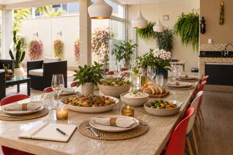 Mesa posta para receber convidados, com pratos servidos, salada, arroz, legumes, pão e anotações de planejamento sobre a mesa.
