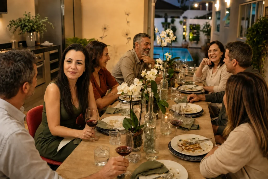 Convidados reunidos à mesa após o jantar em um ambiente acolhedor
