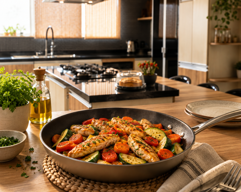 Receitas fáceis para jantar com frango em tiras e legumes na frigideira