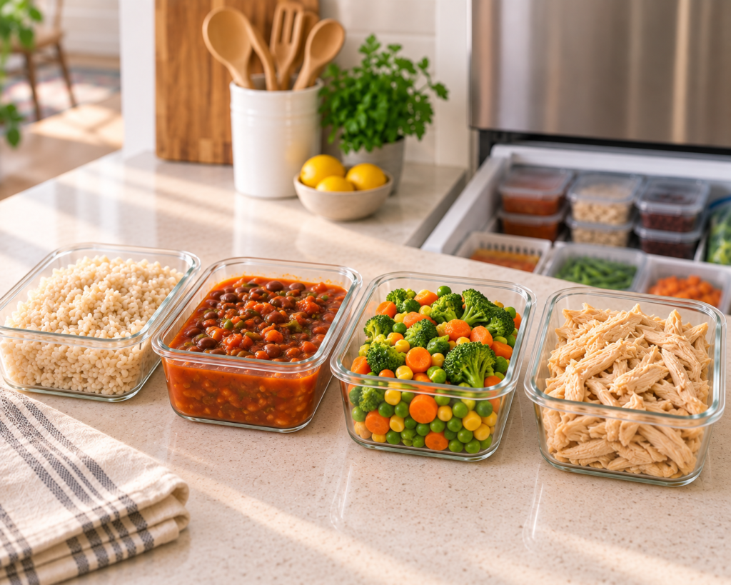 Comida pronta dividida em recipientes rasos antes de congelar
