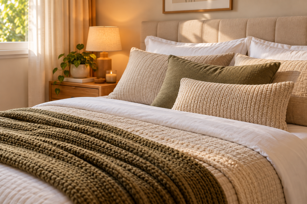 Roupa de cama em tons neutros para deixar o quarto mais aconchegante