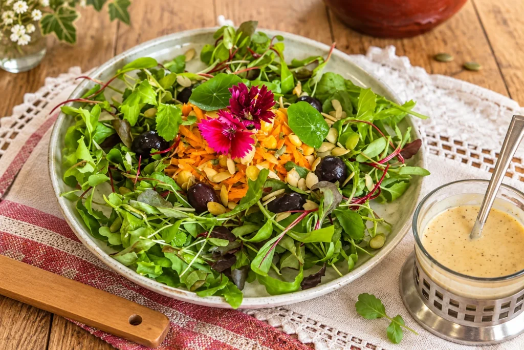 Salada com molho tipo Caesar servida como entrada para jantar