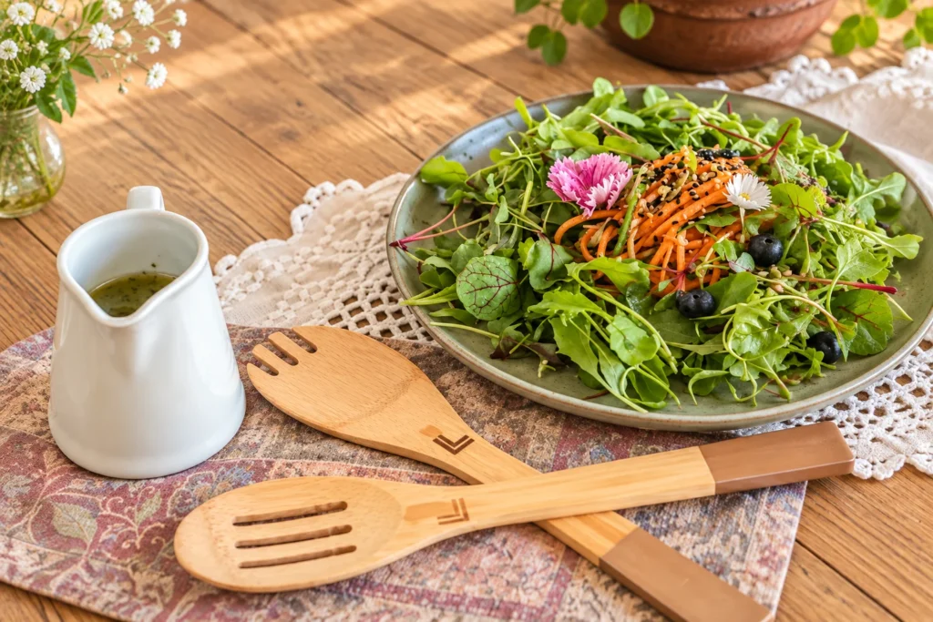 Salada fresca com folhas, legumes e flores comestíveis para calcular a quantidade de comida por pessoa