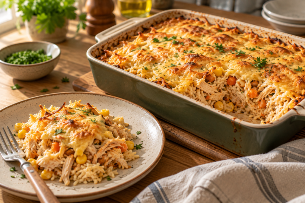 Arroz de forno com frango desfiado queijo milho e cenoura