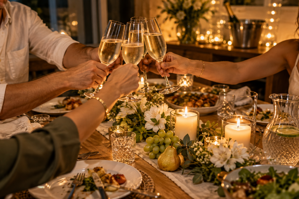 Brinde em mesa de Ano Novo simples e elegante com velas e iluminação acolhedora