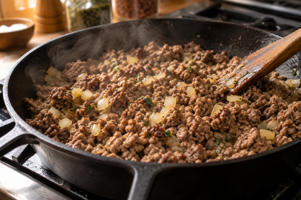 Carne moída refogada e soltinha pronta para diferentes receitas