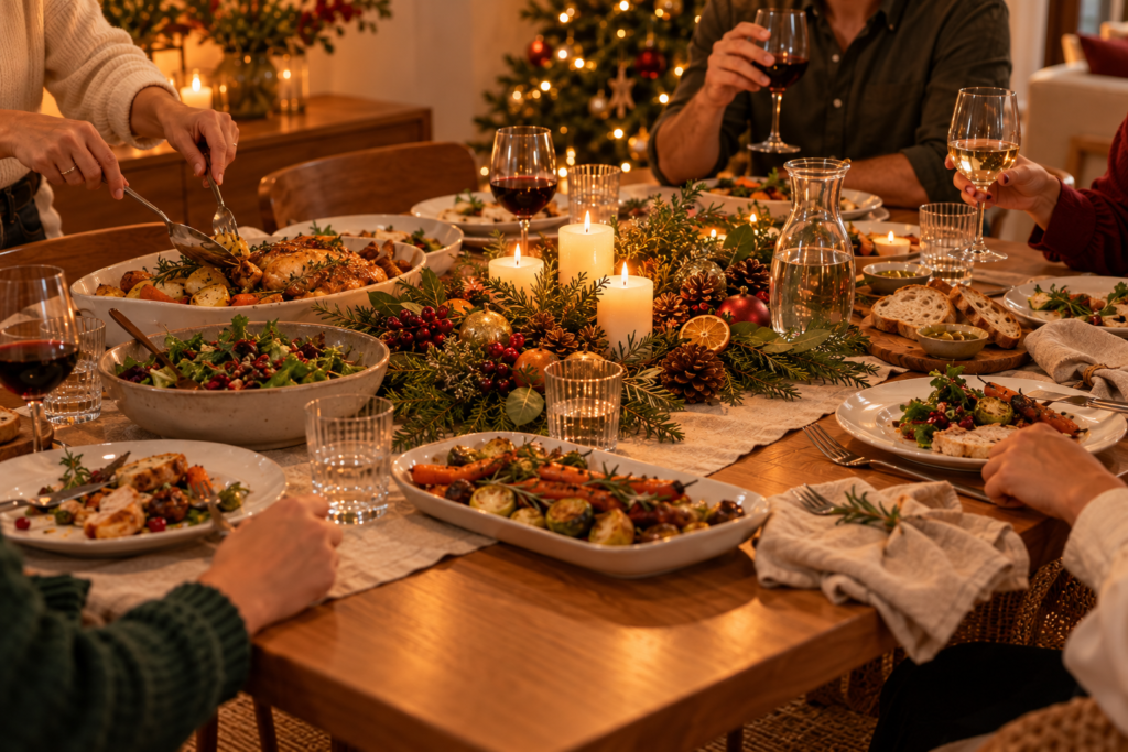 Mesa de Natal simples e acolhedora durante a ceia com família e convidados
