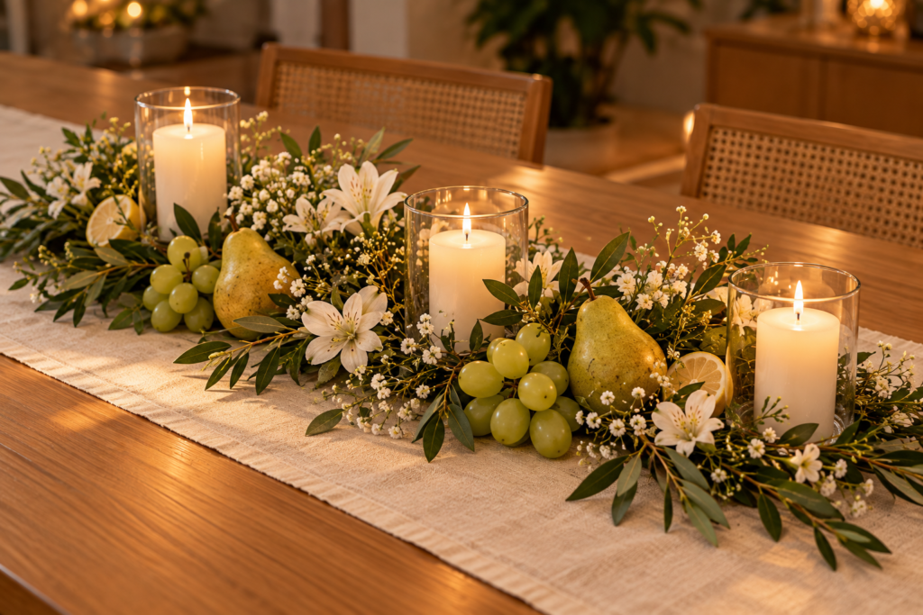 Centro de mesa de Ano Novo com flores brancas frutas verdes e velas