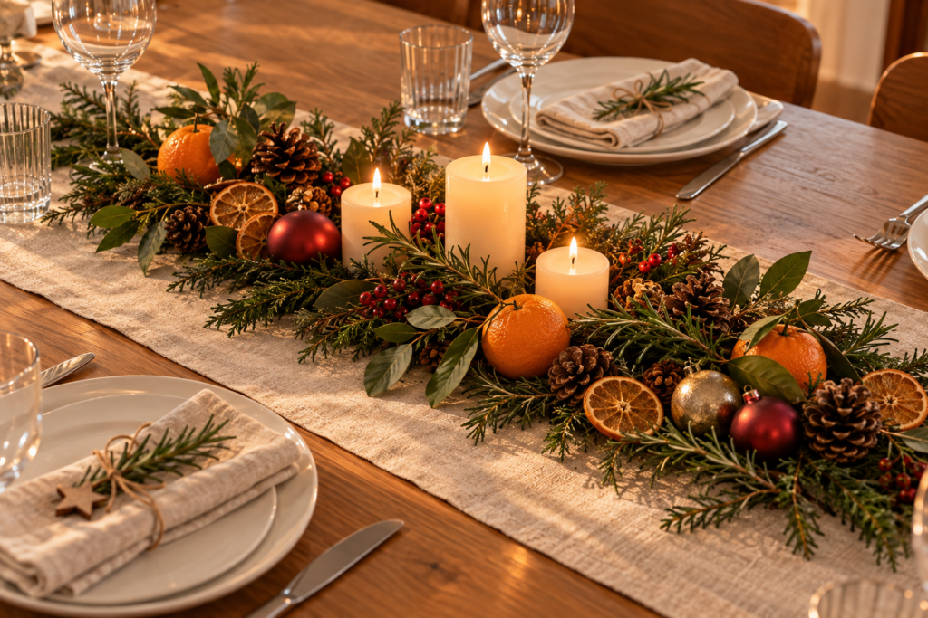 Centro de mesa de Natal simples com folhagens velas pinhas e laranjas