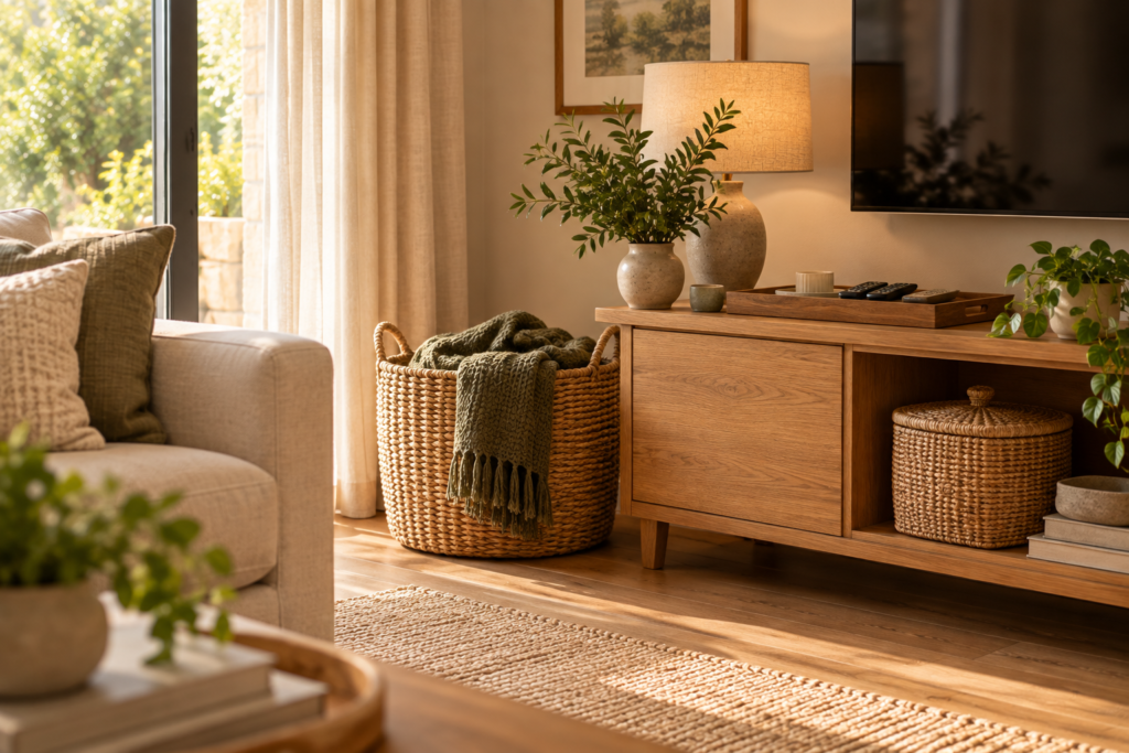 Cestos de fibra natural usados para organizar objetos da sala