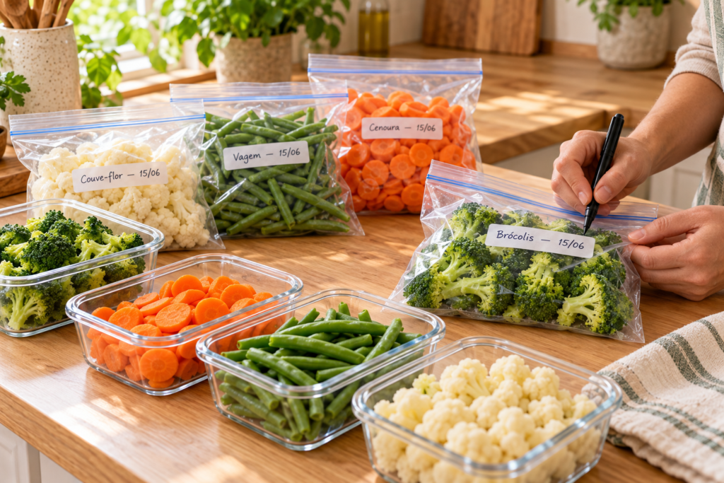 Legumes branqueados secos e separados em porções para congelar